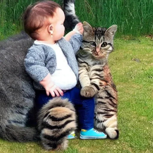 Image similar to a baby sitting on a giant cat