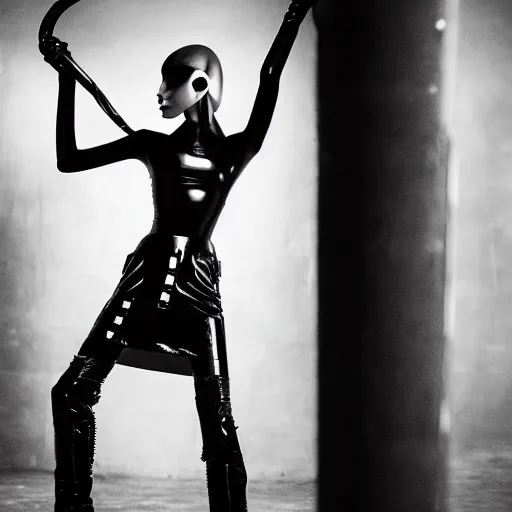 Image similar to fashion photography of an extraterrestrial model, holding a leather whip, wearing demobaza fashion, inside berghain, berlin fashion, harness, futuristic fashion, dark minimal outfit, photo 3 5 mm leica, hyperdetail, berghain, 8 k, very detailed, photo by nick knight