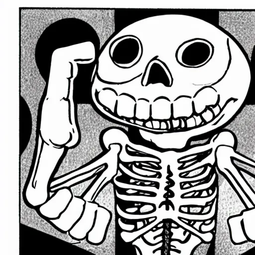 Prompt: a black and white detailed comic cartoon drawing of the skeleton of death giving a thumbs up and smiling, trending on artstation, 4 k