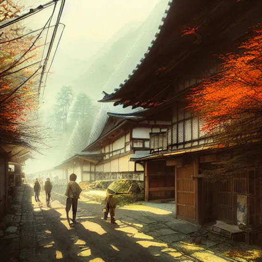 Image similar to walking around rural shirakawa - go, gifu, japan. volumetric lighting, spring late morning, nice slight overcast weather, realistic illustration, perfectly shaded, soft painting, art by krenz cushart and wenjun lin