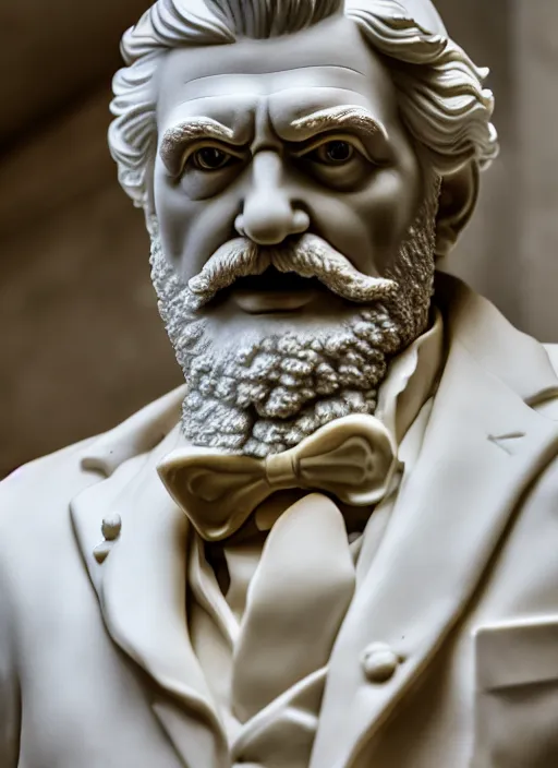 Image similar to colonel sanders as marble statue by michaelangelo, marble texture, high lights, 4 k, high detailed photography, 5 0 mm lens, depth of field, cinematic