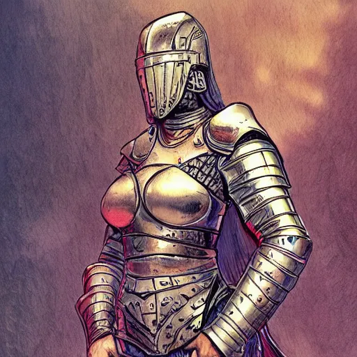 Prompt: precisely drawn illustration of female knight in dented plate armor, wide angle, sharp, fine details, french comic style, vibrant realistic colors, full color, heroic fantasy, intense line art, 8 k, precise linework, realistic, in the style of heavy metal comics and richard corben and moebius