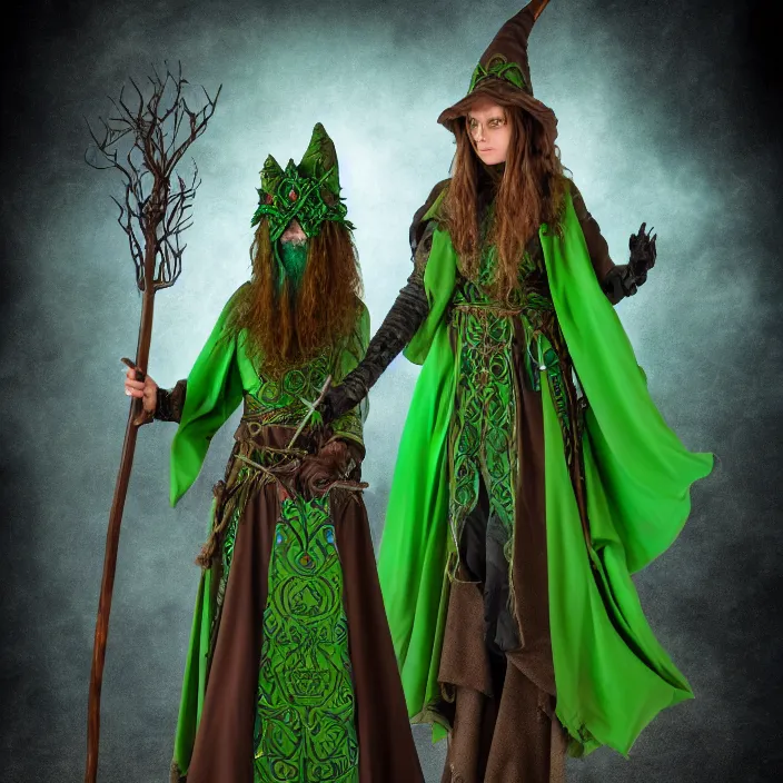 Prompt: photograph of a real-life beautiful elemental earth witch with ornate green and brown robes and staff. Extremely detailed. 8k