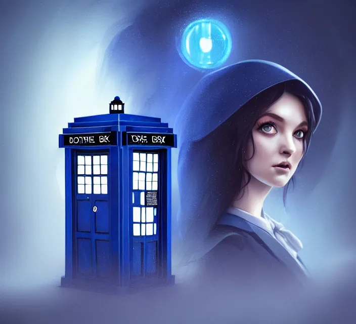 Image similar to cute anthropomorphic tardis by charlie bowater and anna dittmann and artgerm and clemens ascher, portrait, intricate, elegant, blue mist, product shot, macro, symmetrical face, highly detailed, dramatic lighting, sharp focus, octane render, trending on artstation, artstationhd, artstationhq, unreal engine, 4 k, 8 k