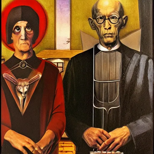 Prompt: aleister crowley and baphomet in the style of american gothic