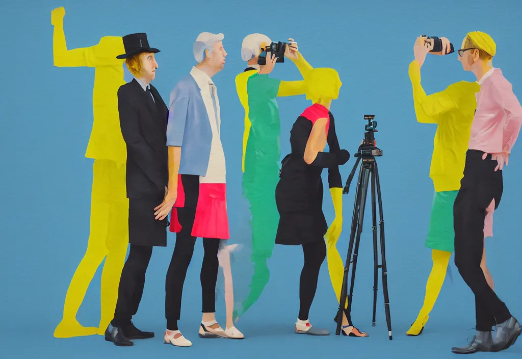 Image similar to full body portrait of a trio of european tourists with nikon cameras, various poses shooting photos, character designs painting, in the style of wes anderson, rene magritte, lola dupre, david hockney, isolated on white background, dark monochrome neon spraypaint accents volumetric octane render