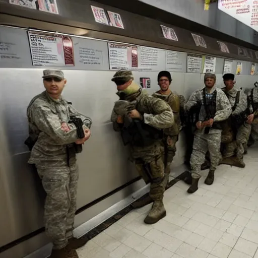 Prompt: FBI soldiers hiding behind a subway counter