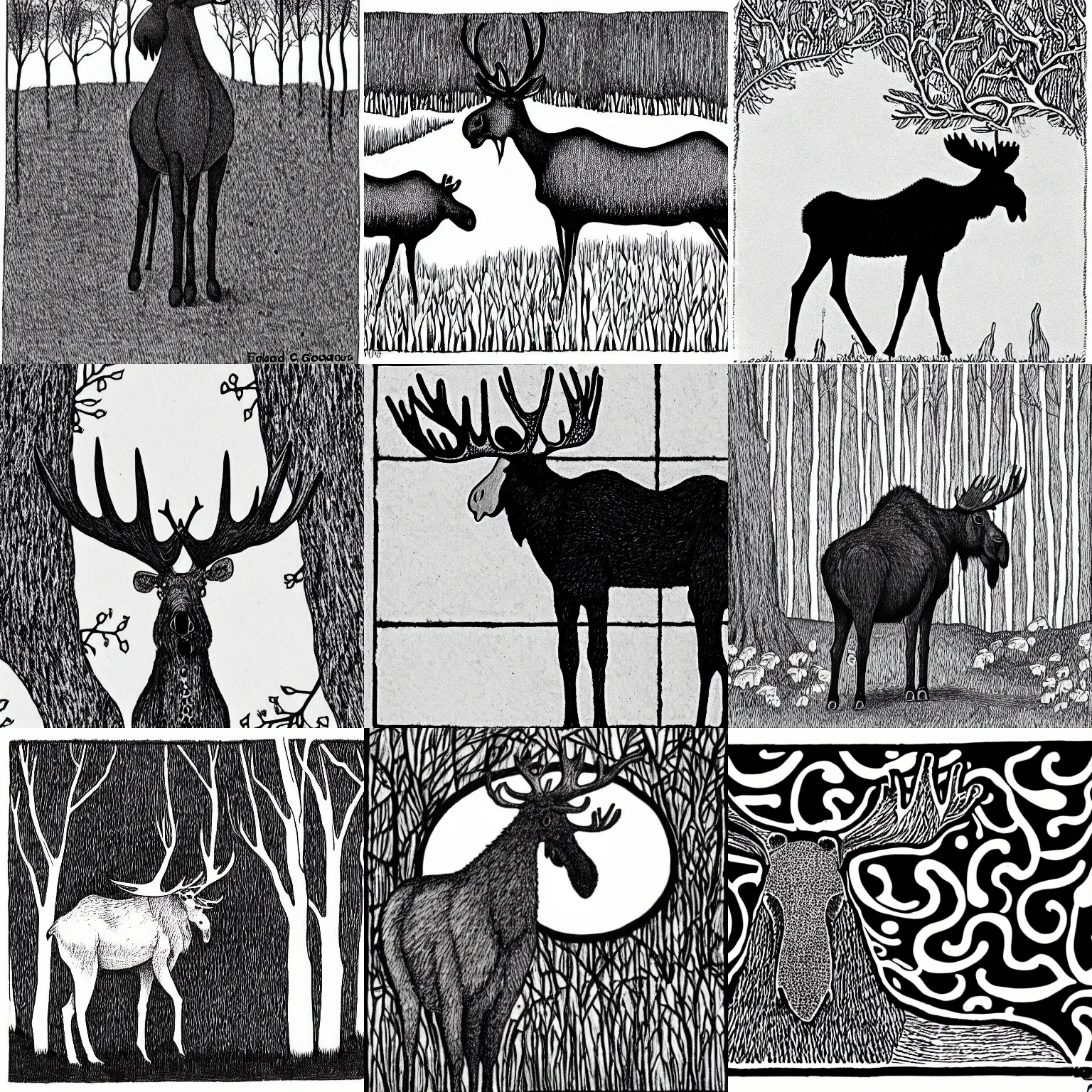 Prompt: moose, illustration by edward gorey, black and white, creative design