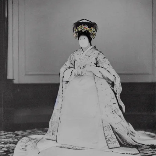 Image similar to A 1907 photograph from the official wedding photographer for the royal wedding features a wide full shot, coloured black and white Russian and Japanese mix historical fantasy portrait of the empress in her white floor-length bridal gown that fades into a bright blue at the bottom.