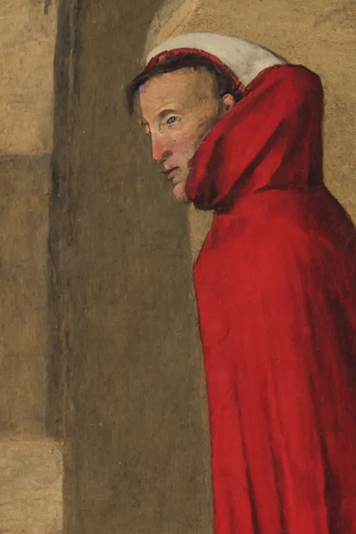Prompt: medieval man wearing a red sack over his head, bloody, looking at the camera