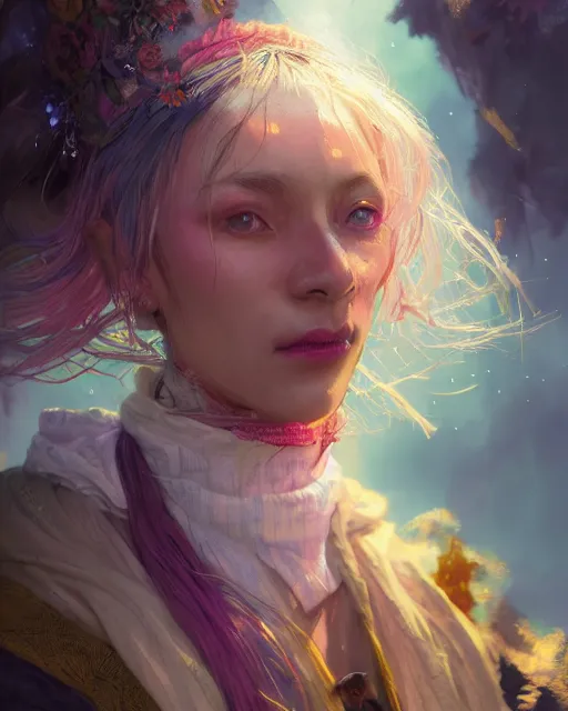 Image similar to portrait of a village witch, beautiful, fantasy, colorful, cinematic lighting, artstation, trending, highly detailed, focus, smooth, by hirohiko araki and yoshitaka amano