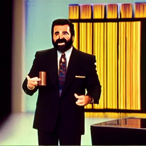 Prompt: Billy Mays hosting Jeopardy, VHS tape footage, 1991, the set of Jeopardy