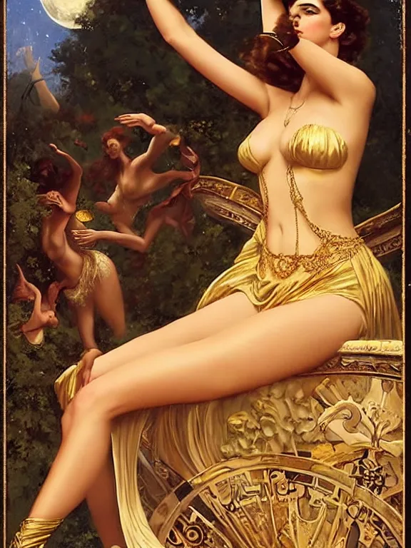 Image similar to Emily Ratajkowski as the magic Greek goddess Circe, a beautiful art nouveau portrait by Gil elvgren, moonlit Mediterranean environment, centered composition, defined features, golden ratio, intricate gold jewlery