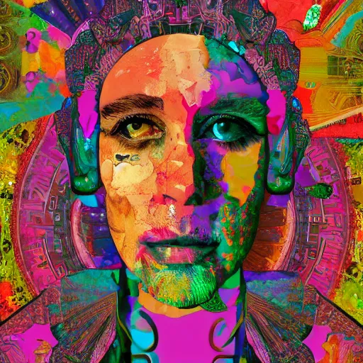 Prompt: Portrait of a Deity foreground, psychedelic, collage art background, mixed media, hypermaximalist, photo realistic, 8k