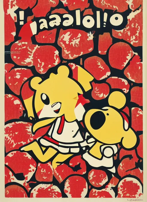 Image similar to Polish posters for Isabelle from Animal Crossing. Screen printed, silkscreen, two-tone paper texture. 1968