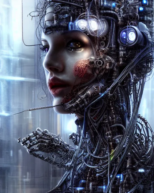 Image similar to portrait photo of an aesthetic biomechanical cyborg plugged into a quantum computer with cables and wires and optic fibers. cyberpunk horror style. art by luis royo. highly detailed 8 k. intricate. nikon d 8 5 0 5 5 mm. award winning photography.