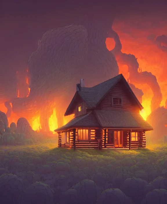 Prompt: simplicity, an elegant cabin made out of exotic fungus, overgrown with creepy blobs, organic, partly cloudy, hellscape, hell, fire, brimstone, lava, by dan mumford, yusuke murata, makoto shinkai, ross tran, cinematic, unreal engine, cel shaded, featured on artstation, pixiv