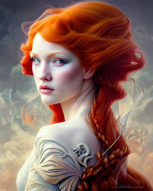 Prompt: Beautiful, evil and playful ethereal ginger portrait, art nouveau, fantasy, intricate flower designs, elegant, highly detailed, sharp focus, art by Artgerm and Alex Ross and WLOP