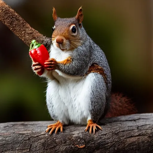 Image similar to a photograph of a Squirrel winces in disgust whilst holding a pepper