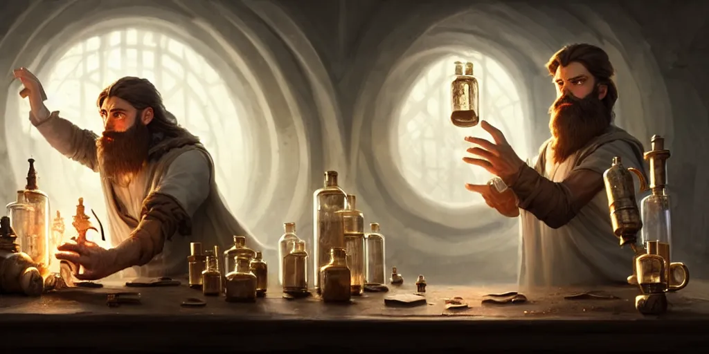 Prompt: a handsome bearded white male sorcerer with brown hair he is casting a spell from his hands, he is in a alchemist workshop filled with beakers and equipment, neutral pose, sharp focus, waist up, epic composition, 4 k, by greg rutkowski, rudy siswanto and anna podedworna