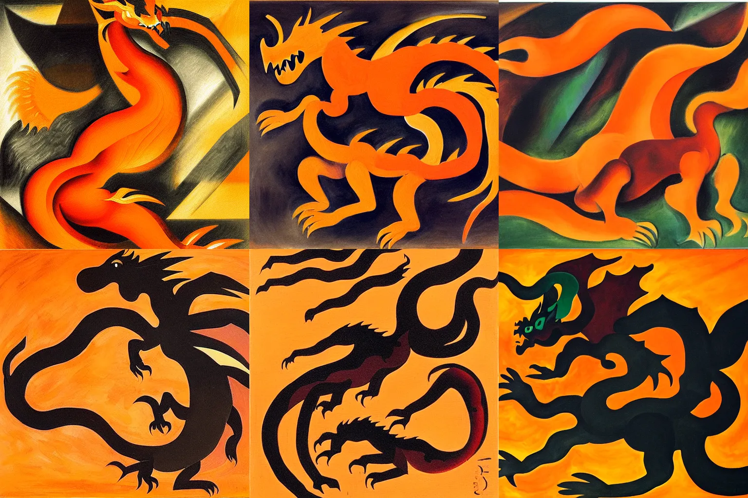 Prompt: a full body oil painting of an brown orange dragon by ( ( franz marc ) ), shattered, orphism style, shadow gradient, high contrast, medium detail