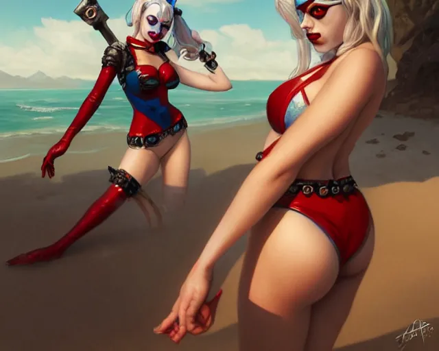 Image similar to photography of harley quinn in bikini at the beach, deep focus, d & d and mtg, fantasy, intricate, elegant, highly detailed, digital painting, artstation, concept art, matte, sharp focus, illustration, hearthstone, art by artgerm and greg rutkowski and alphonse mucha