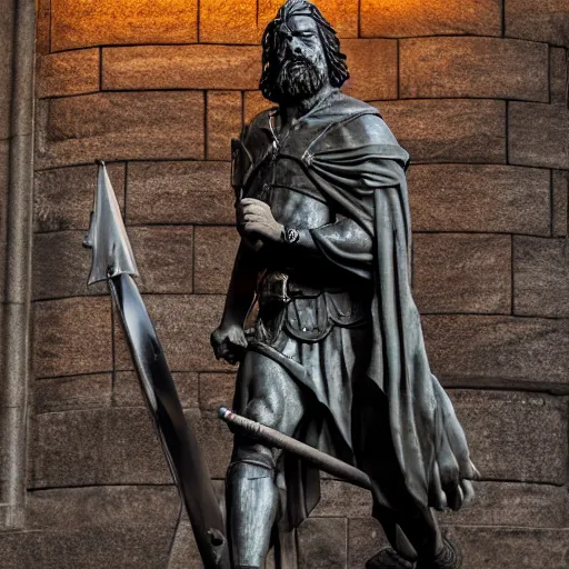 Image similar to a photorealistic marble statue of Mel Gibon’s William Wallace in a Scottish city a night, lit with dramatic lighting, using the golden circle ratio to frame the image correctly, 35mm wide shot, highly detailed