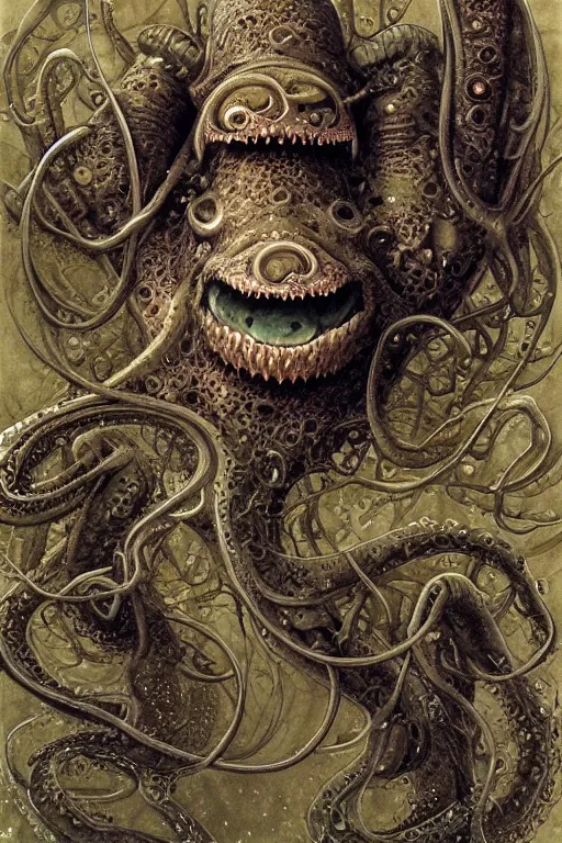 Image similar to eldritch biomechanical axolotl tentacle fish shoggoth, mouths, eyes, masterpiece, intricate, elegant, highly detailed, digital painting, smooth, sharp focus, illustration, art by james gurney, graeme base, brian froud, alan lee