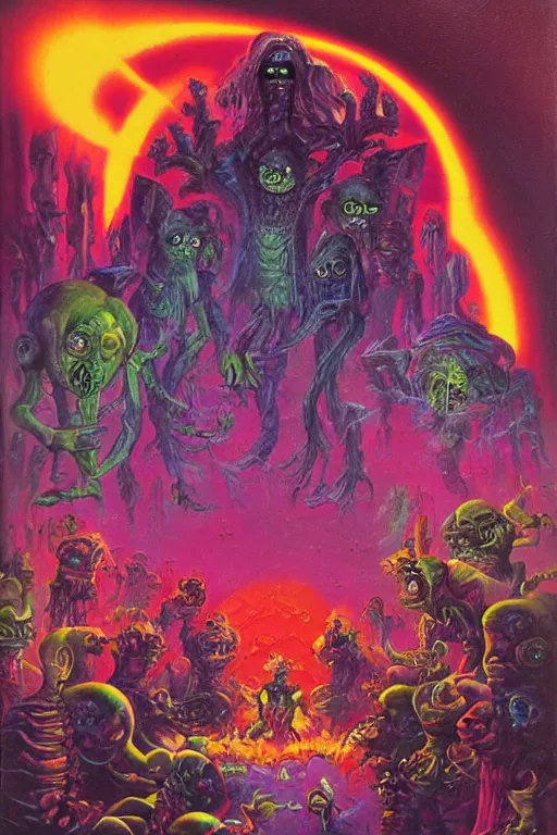 Prompt: horror mutants by jack vance, mike mignogna, lisa frank, paul lehr, highly detailed, vintage dark sci fi, oil painting