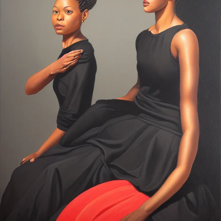 Image similar to a painting of a woman wearing a black dress, a portrait by kadir nelson, trending on cgsociety, afrofuturism, hyper realism, detailed painting, rococo