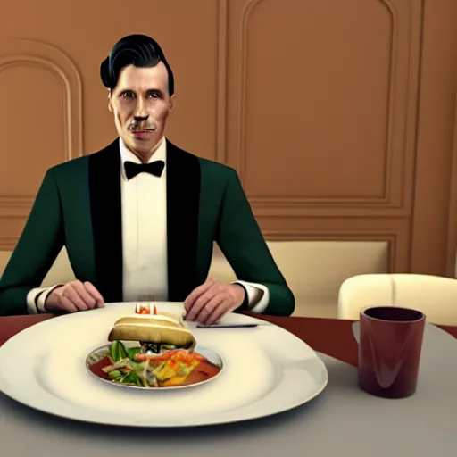 Image similar to a man in a tuxedo sitting at a table with a plate of food, an art deco painting by Patrick Brown, cgsociety contest winner, art deco, rendered in unreal engine, art deco, rendered in cinema4d