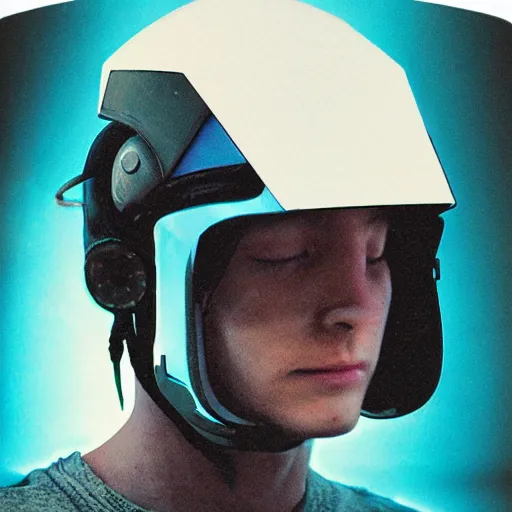 Image similar to neofuture cyberpunk helmet, polaroid