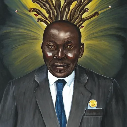 Image similar to a painting of a loving, caring fatherly wide forehead, aquiline nose, round face, XXL , generous, ever-present, humble, wise elder from Kenya in a silver suit and red tie by Wangechi Mutu . Fatherly/daddy, focused, loving, leader, relaxed. Gold background, heavenly lights, details, smooth, sharp focus, illustration, realistic, cinematic, artstation, award winning, rgb , unreal engine, octane render, cinematic light, macro, depth of field, blur, light and clouds, highly detailed epic cinematic concept art CG render made in Maya, Blender and Photoshop, octane render, excellent composition, dynamic dramatic cinematic lighting, aesthetic, very inspirational, arthouse.