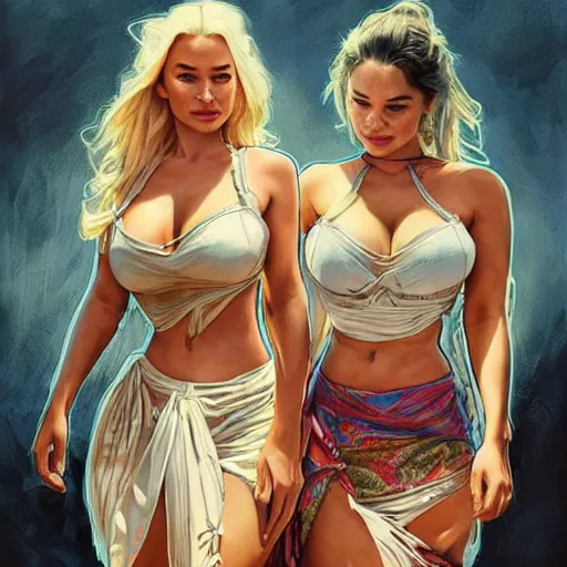 Image similar to lindsey pelas and emilia clarke wearing a batik tube top, digital painting, artstation, concept art, sharp focus, illustration, art by artgerm and greg rutkowski and alphonse mucha