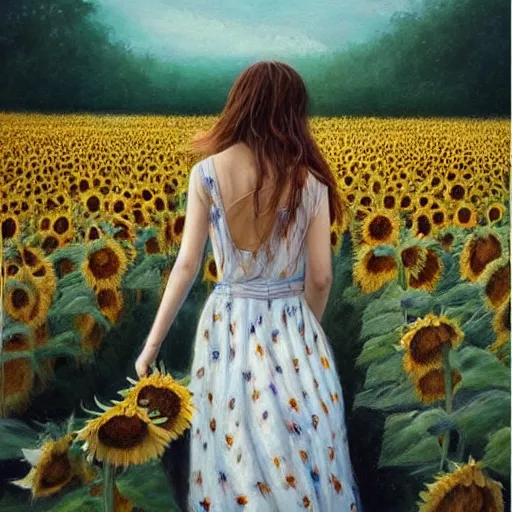 Prompt: a girl slowly walking through amazing tall sunflower field, hair flowing, early morning lighting, elegant, subtle, intricate details, real masterpiece, oil on canvas, by somsak anong