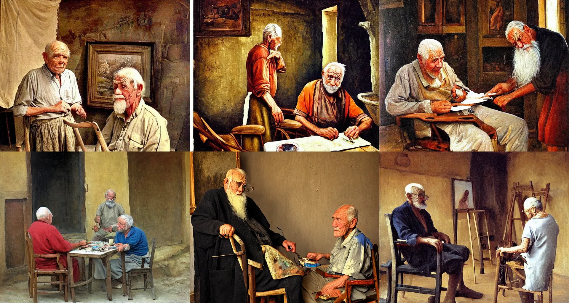 Prompt: The older man in the picture had painted some very sophisticated and detailed paintings The ancient art of painting is one of the oldest tools in history. The elder and his painted house look so alive. I see a painted image of a house, complete with a man standing in a chair and a woman in the background. A man with the ability to hypnotize people. These old men have been studying for decades