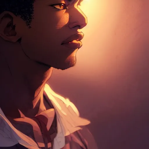 Prompt: Portrait of man with curly short hair and brown skin, atmospheric lighting, intricate detail, cgsociety, ambient light, dynamic lighting, anime style by Yusuke Kozaki