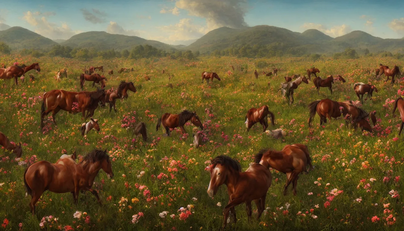 Prompt: An epic fantastic realism comic book style painting of the most beautiful flowers covering a herd of battling wild horses, fisheye lens, painted by the Hudson River school, unreal 5, DAZ, hyperrealistic, octane render, dynamic lighting