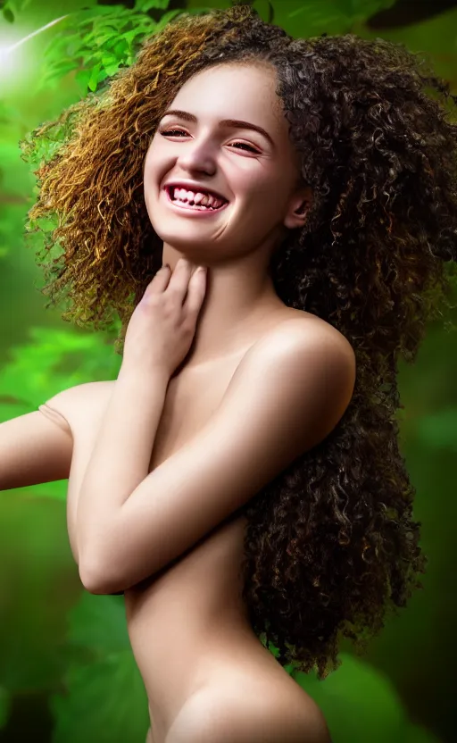 Image similar to 8 k uhd poser render of the face of a young woman with marble complexion, angelic features, her face framed with curls, her head raised in rapture, laughing, portrait photography, symmetrical eyes, by andrew gonzalez, background lush vegetation, insects and birds, dof narrow, 1 0 5 mm lens