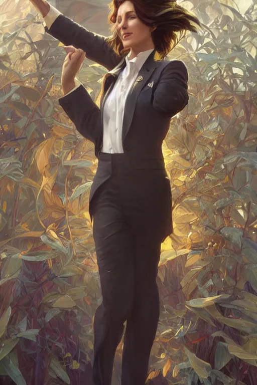 Image similar to portrait painting of woman in business suit dancing, ultra realistic, concept art, full body, intricate details, highly detailed, photorealistic, octane render, 8 k, unreal engine. art by artgerm and greg rutkowski and charlie bowater and magali villeneuve and alphonse mucha