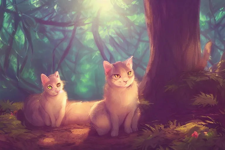 Image similar to a cat in a forest, backlighting, trending on artstation, furry art, by kawacy, warm lighting, digital art