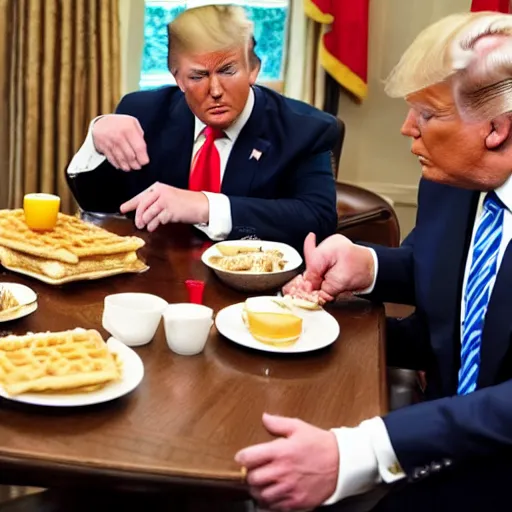 Image similar to photograph of trump and Biden sitting and eating breakfast at a Wafflehouse