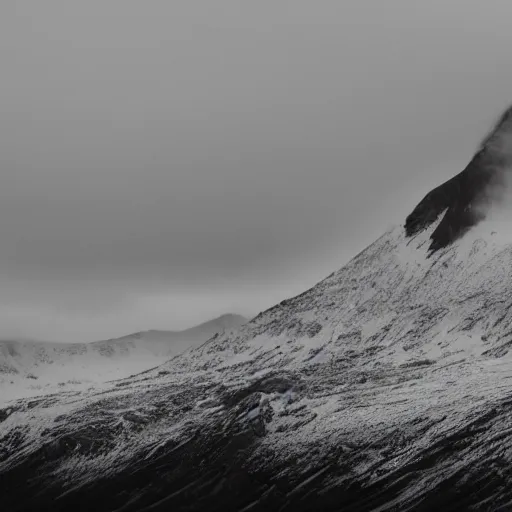 Image similar to a large mountain in the artic with a large eldritch monster peeking its head from around the mountain. grainy, snowing, overcast sky, slight fog.