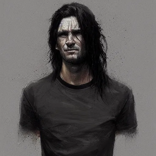 Image similar to Portrait of a man by Greg Rutkowski, he is about 30 years old, messy long black hair, tired appearance, roman nose, german features, wearing black t-shirt, highly detailed portrait, digital painting, artstation, concept art, smooth, sharp foccus ilustration, Artstation HQ.