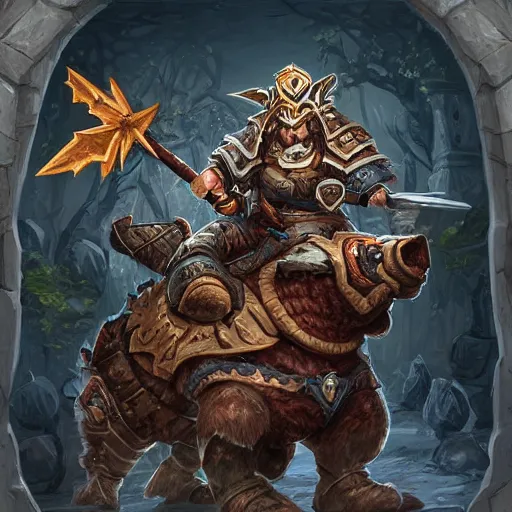 Image similar to a dwarf warrior riding on an armored boar, hearthstone coloring style, epic fantasy style art, fantasy epic digital art