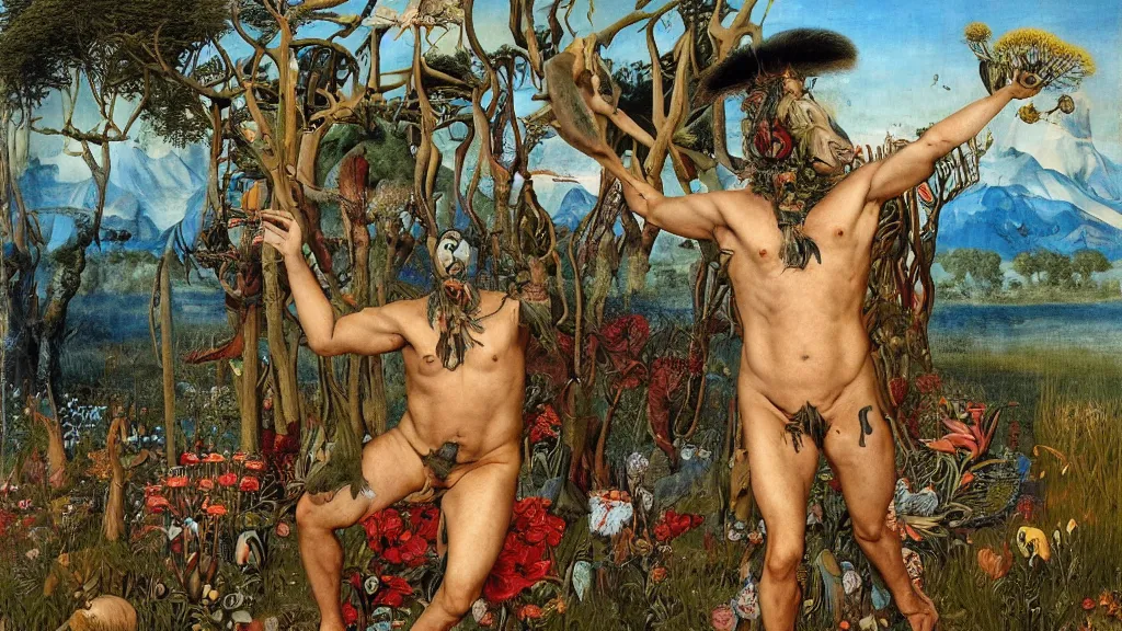 Image similar to a photograph of a meditating centaur shaman mutating into a savage fanged beast. surrounded by bulbous flowers and a few trees. river delta with mountains under a blue sky full of burning stars and birds. painted by jan van eyck, max ernst, ernst haeckel, ernst fuchs and artgerm. trending on artstation, fashion editorial