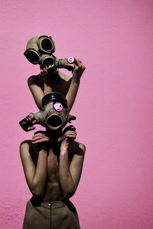 Image similar to a surreal portrait of intertwined and contorted figures wearing gas mask next to a pink wall in the style of brooke didonato, editorial fashion photography from vogue magazine, full shot, nikon d 8 1 0, ƒ / 2. 5, focal length : 8 5. 0 mm, exposure time : 1 / 8 0 0, iso : 2 0 0