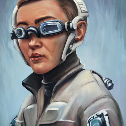 Image similar to square - jawed emotionless serious blonde woman starship engineer, tribal tattoos, handsome, short slicked - back hair, sweating, uncomfortable and anxious, looking distracted and awkward, wearing victorian dark goggles, dirty flight suit and gloves, small spacecraft in background, highly detailed, oil painting, trending on artstation