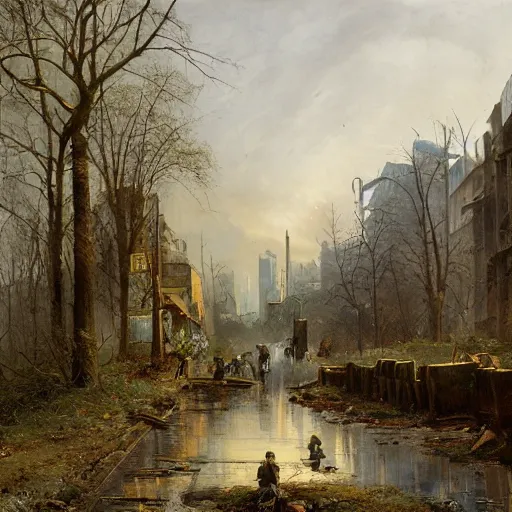 Image similar to post apocalyptic frankfurt city streets, overgrown, landscape, romanticism by andreas achenbach