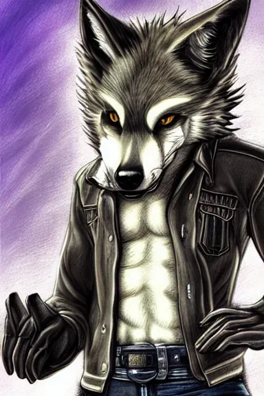 Image similar to A wolf-fox hybrid with a small head wearing a leather jacket and leather jeans and leather gloves, trending on FurAffinity, energetic, dynamic, digital art, highly detailed, FurAffinity, high quality, digital fantasy art, FurAffinity, favorite, character art